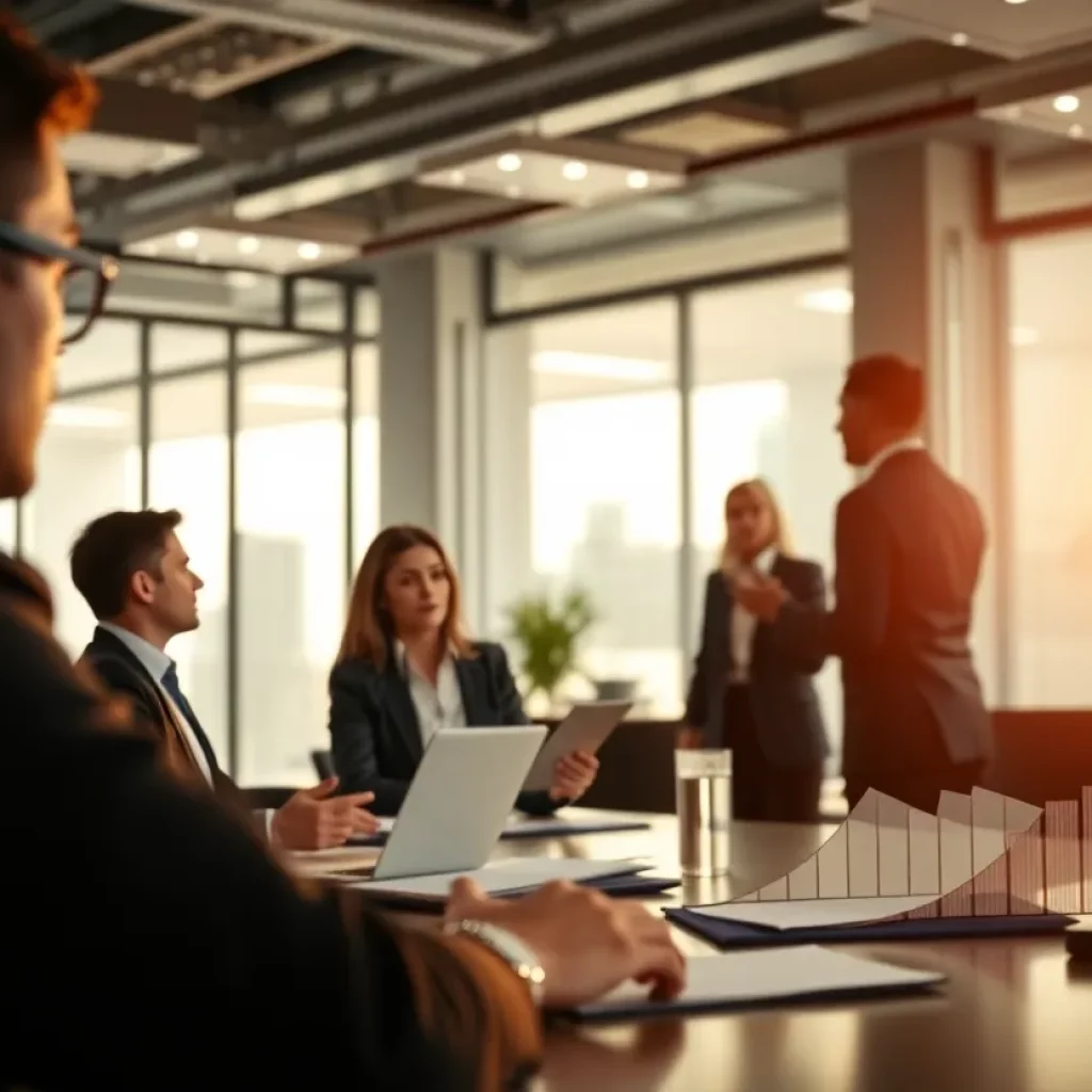 Business professionals discussing economic challenges