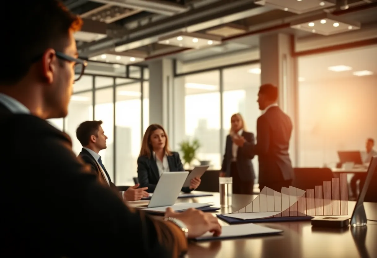 Business professionals discussing economic challenges