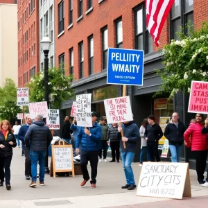 Community members in Cambridge and Boston showing signs related to sanctuary city policies.