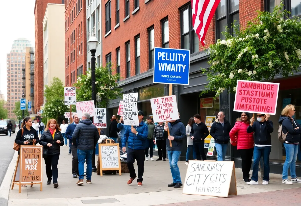 Community members in Cambridge and Boston showing signs related to sanctuary city policies.