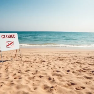 A view of a beach with a closed sign and empty sand