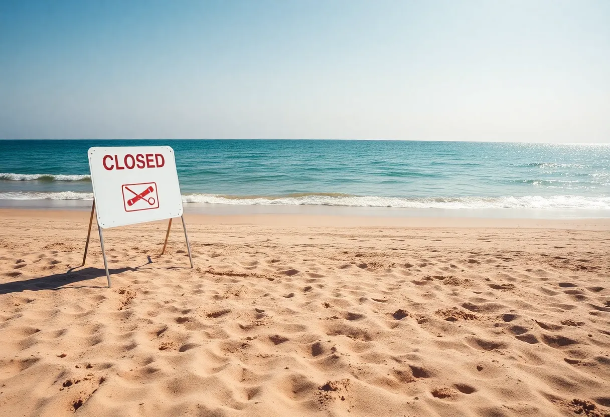 A view of a beach with a closed sign and empty sand