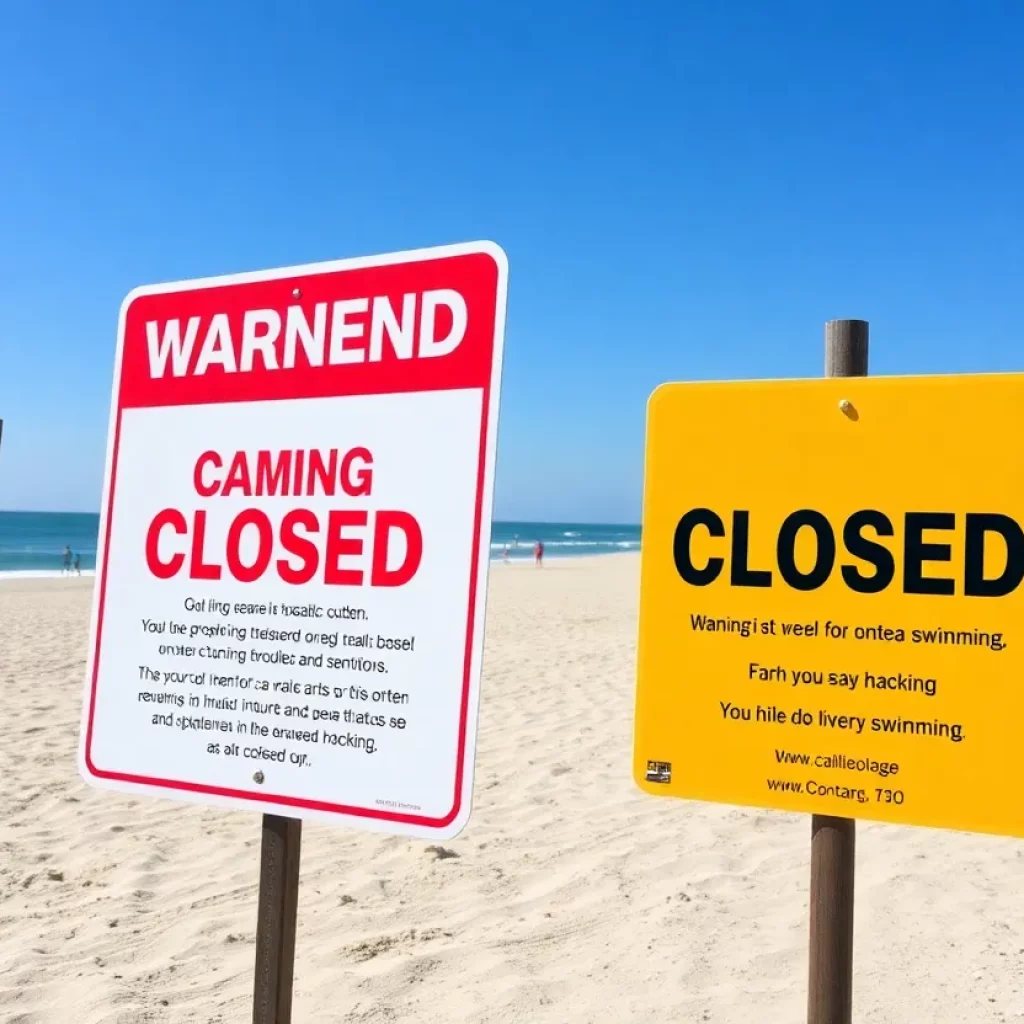 A closed beach area with warning signs about unsafe swimming conditions