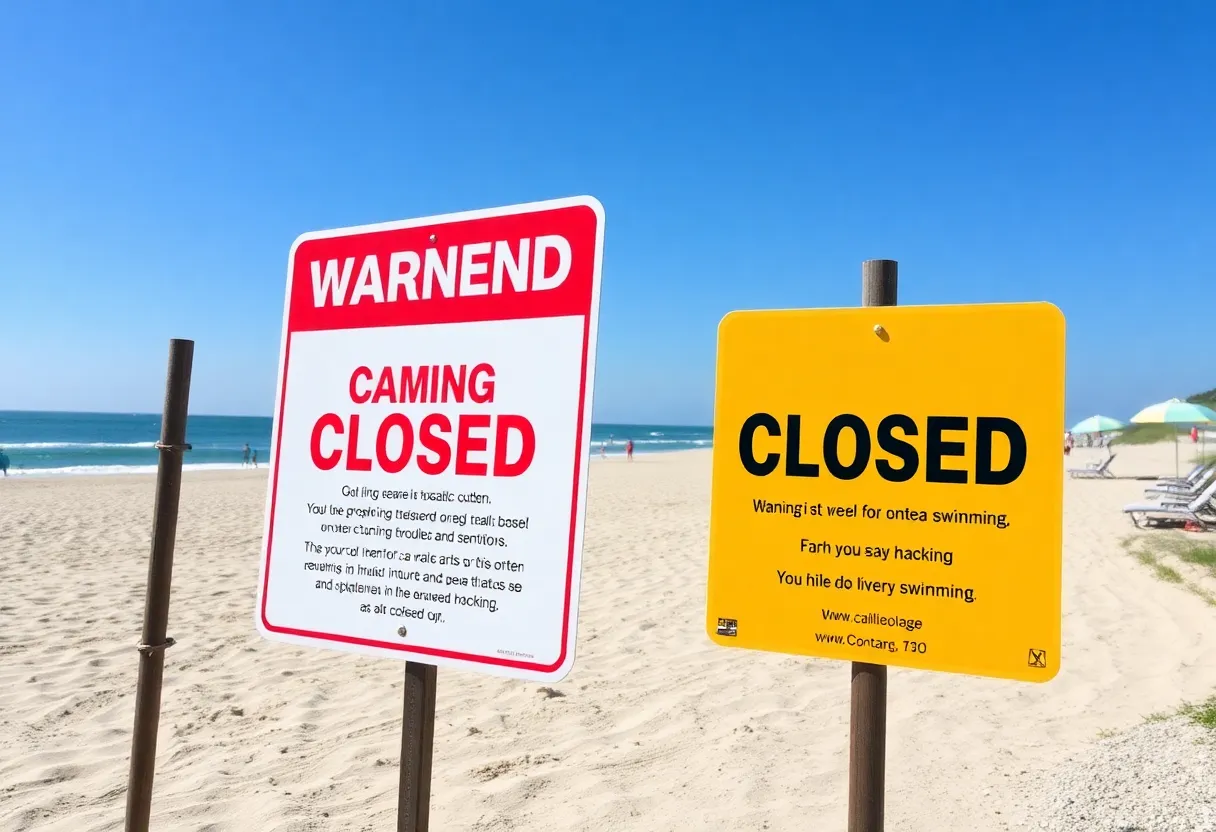 A closed beach area with warning signs about unsafe swimming conditions