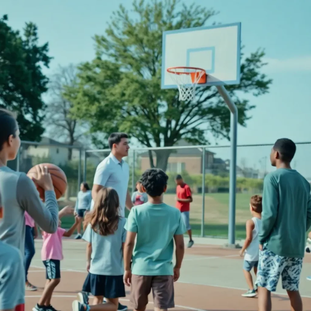 A vibrant community basketball game with families and children, showcasing engagement in sports and social unity.