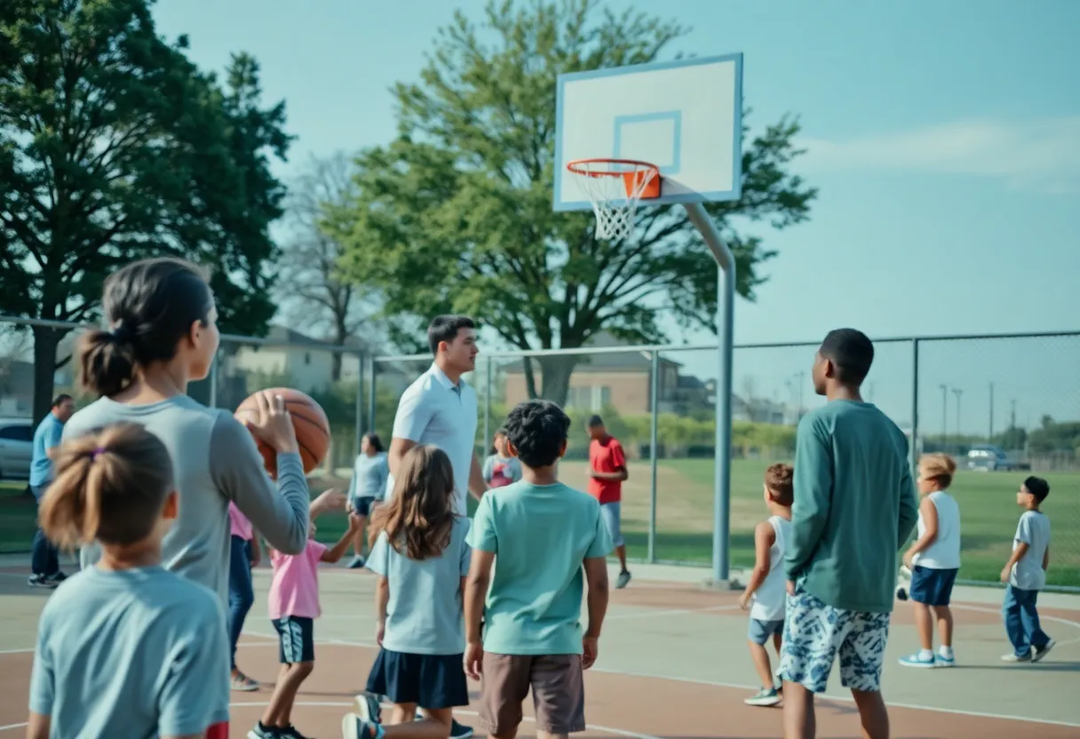 A vibrant community basketball game with families and children, showcasing engagement in sports and social unity.