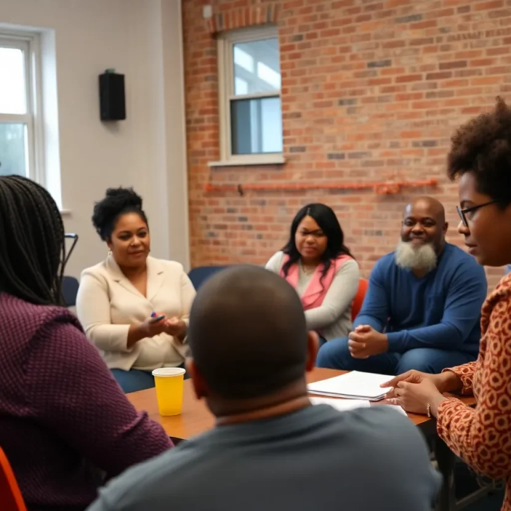 Participants at a community meeting discussing opioid prevention strategies in Boston.