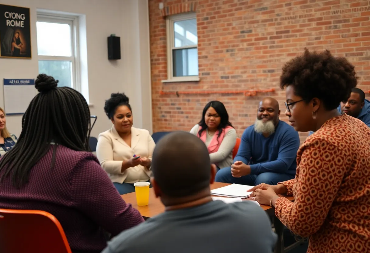 Participants at a community meeting discussing opioid prevention strategies in Boston.