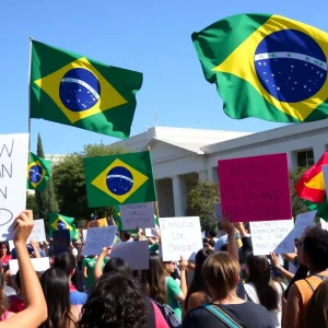 A community rally with signs and flags advocating for immigrant rights