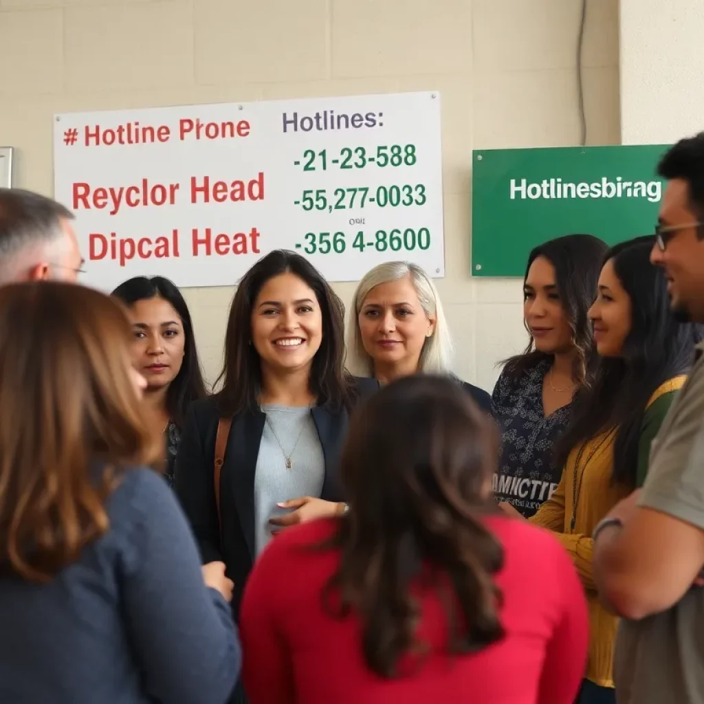 Community members discussing immigration issues with a hotline number displayed.