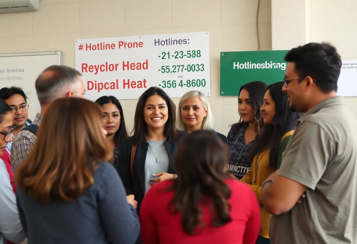 Community members discussing immigration issues with a hotline number displayed.