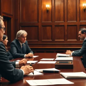 A courtroom with jury members deliberating and evidence presented.