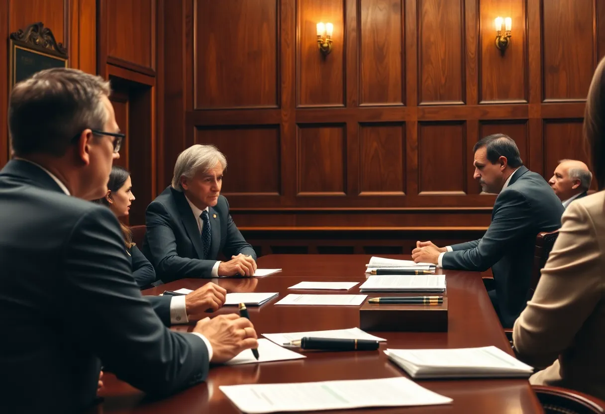A courtroom with jury members deliberating and evidence presented.
