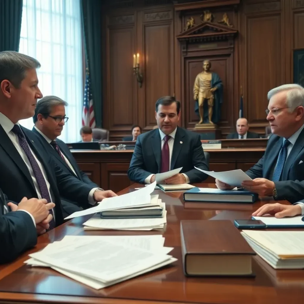 Lawyers in a courtroom discussing election law case