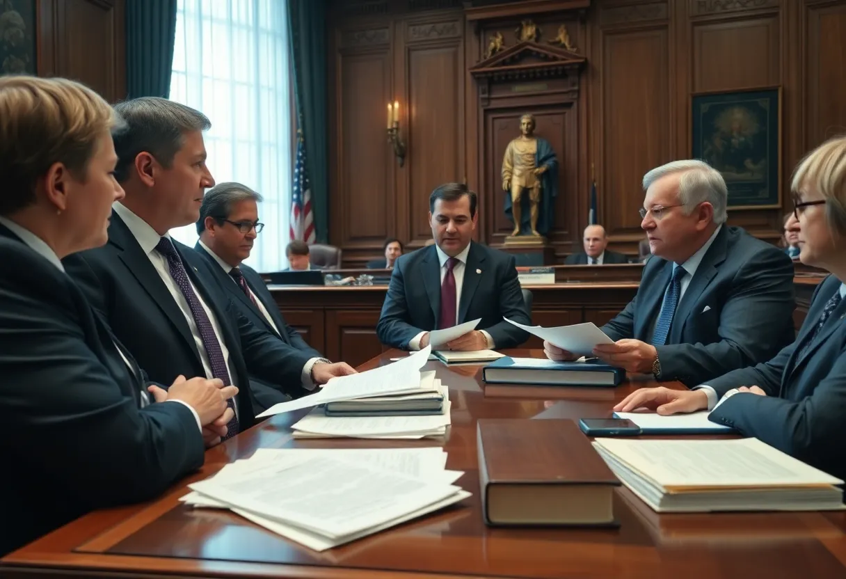 Lawyers in a courtroom discussing election law case