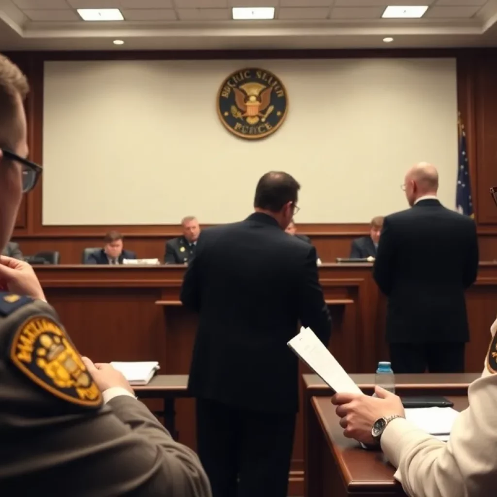 Courtroom scene during a proceedings on police misconduct