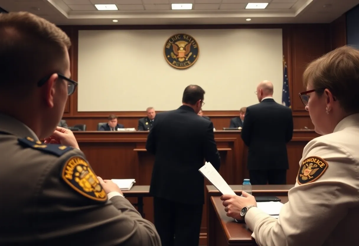Courtroom scene during a proceedings on police misconduct