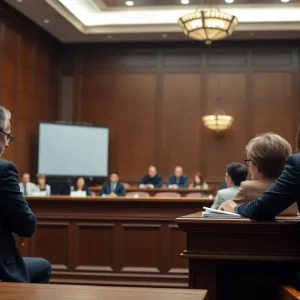 A courtroom scene with jurors and a judge.