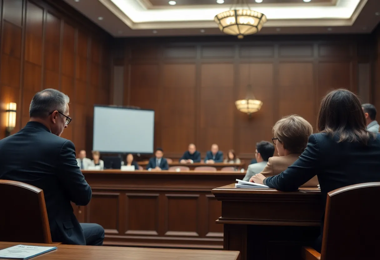 A courtroom scene with jurors and a judge.