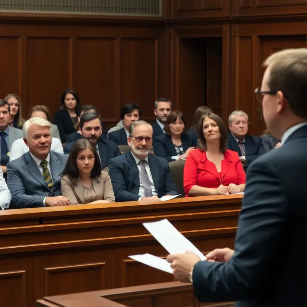 A tense courtroom scene during a trial with jurors and lawyers in action.