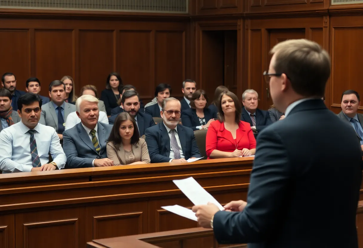 A tense courtroom scene during a trial with jurors and lawyers in action.