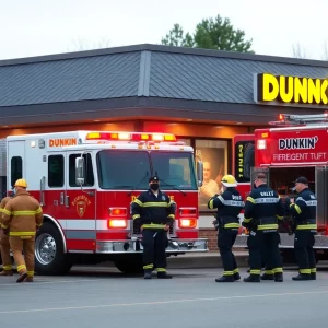 Emergency responders and fire trucks outside a Dunkin' restaurant in Newburyport, Massachusetts