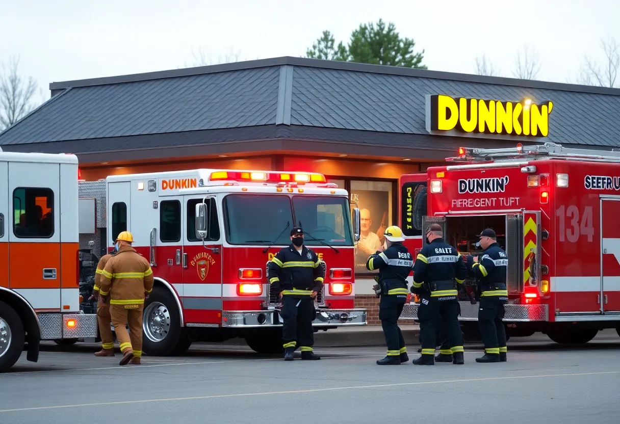 Emergency responders and fire trucks outside a Dunkin' restaurant in Newburyport, Massachusetts