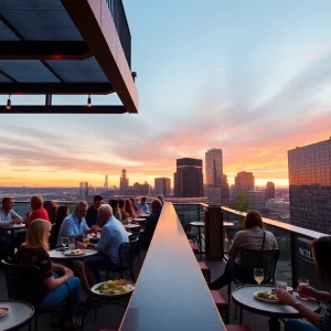 Diners enjoying small plates at Essex Rooftop with Boston skyline in the background