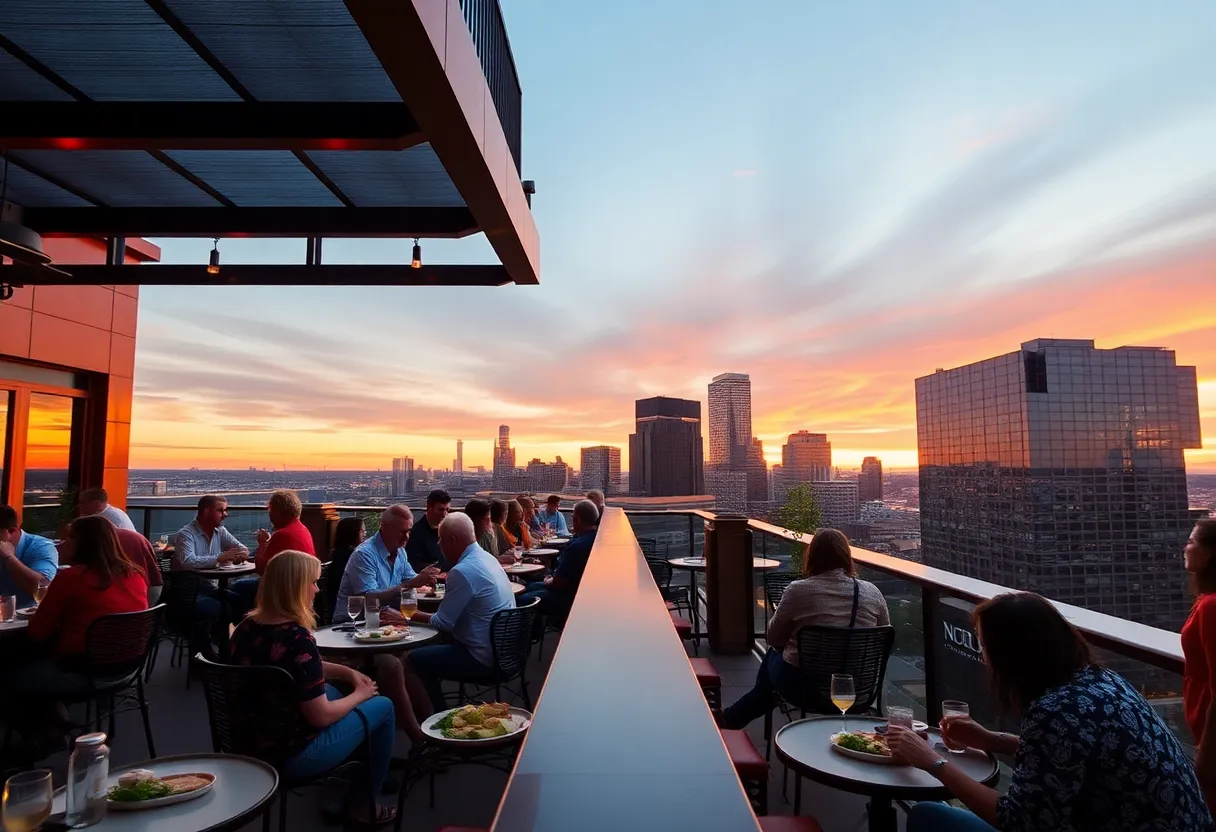 Diners enjoying small plates at Essex Rooftop with Boston skyline in the background