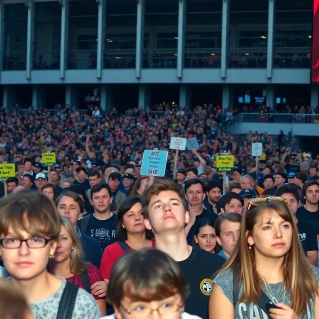 Crowd of concertgoers outside Fenway Park expressing disappointment over concert cancellations