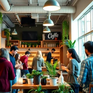 Interior of a community-focused coffee shop with customers enjoying their time.