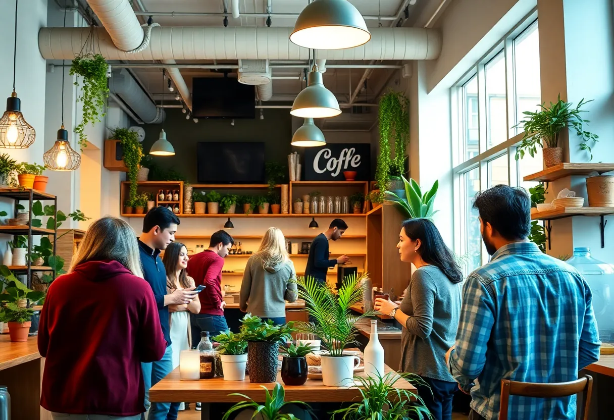 Interior of a community-focused coffee shop with customers enjoying their time.