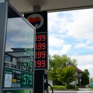 Gas station sign displaying fuel prices in Massachusetts