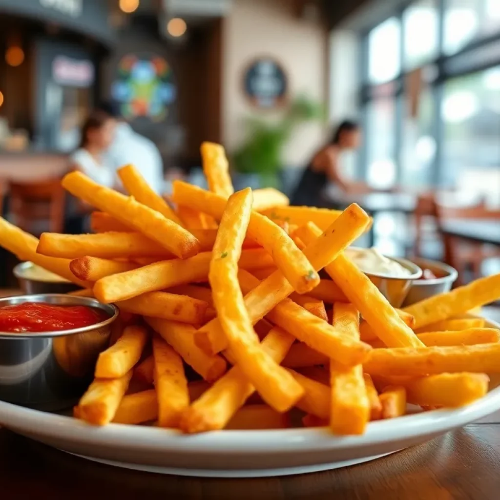 A plate of gourmet straight-cut french fries with dipping sauces