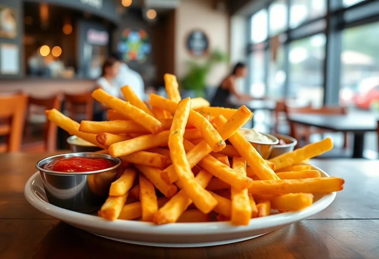 A plate of gourmet straight-cut french fries with dipping sauces