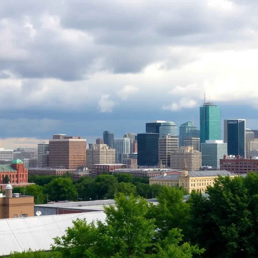 Urban skyline of Greater Boston with cloudy skies