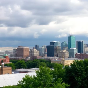 Urban skyline of Greater Boston with cloudy skies