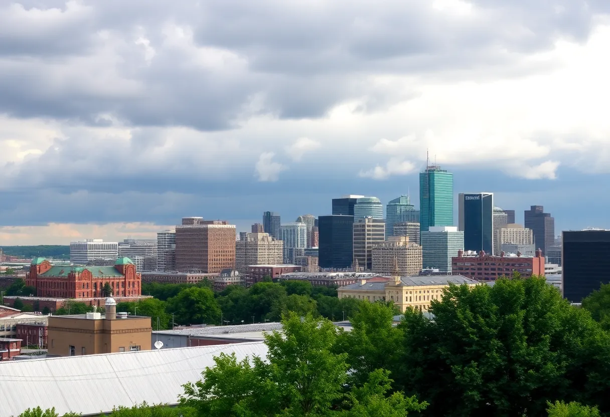 Urban skyline of Greater Boston with cloudy skies