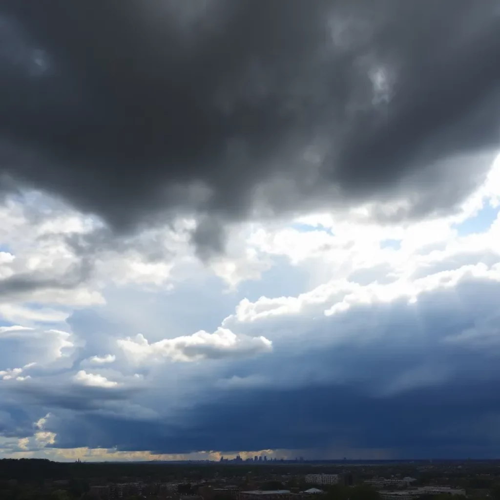 Storm clouds over Boston representing heat advisory conditions