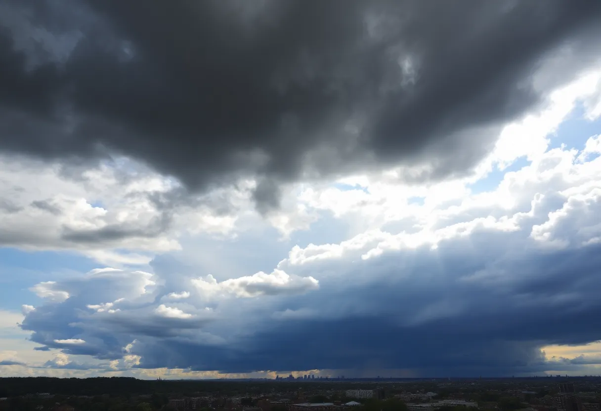 Storm clouds over Boston representing heat advisory conditions