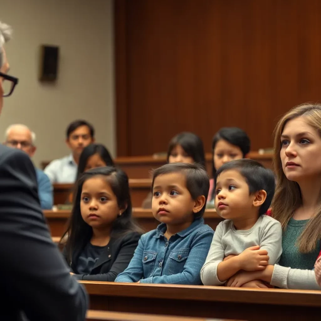 A courtroom filled with concerned individuals discussing immigration enforcement issues.