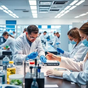 Illustration of biotechnology research and innovation activities in a laboratory setting.