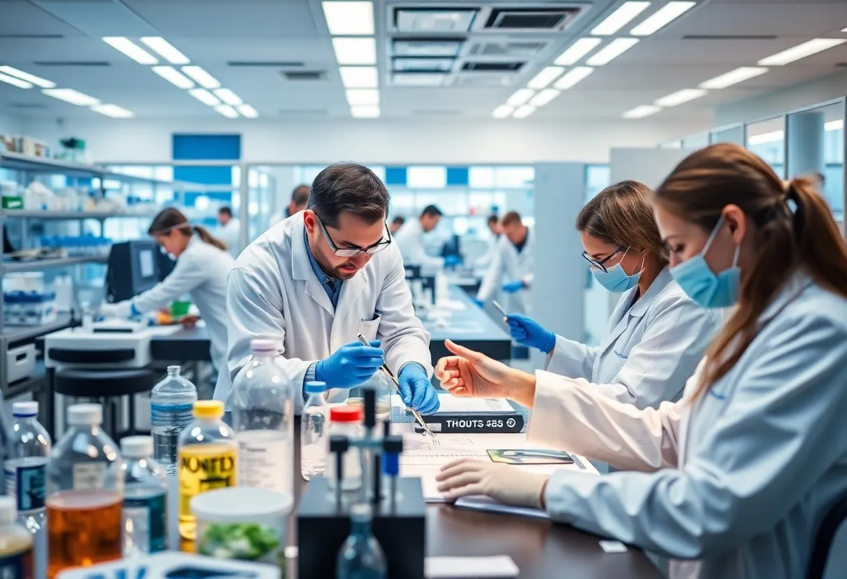 Illustration of biotechnology research and innovation activities in a laboratory setting.