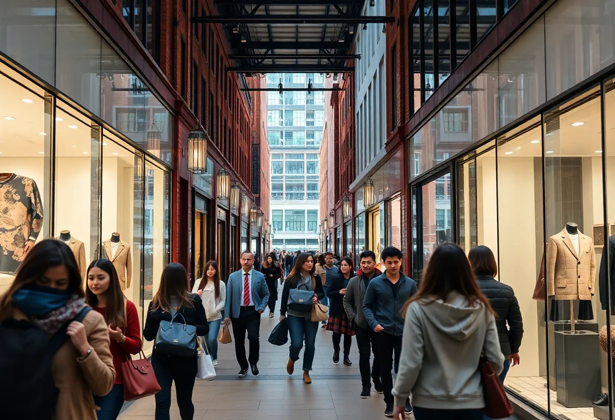 Group of international students shopping in Boston's luxury district