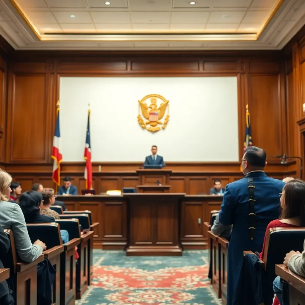 Courtroom scene symbolizing justice and support for trafficking victims
