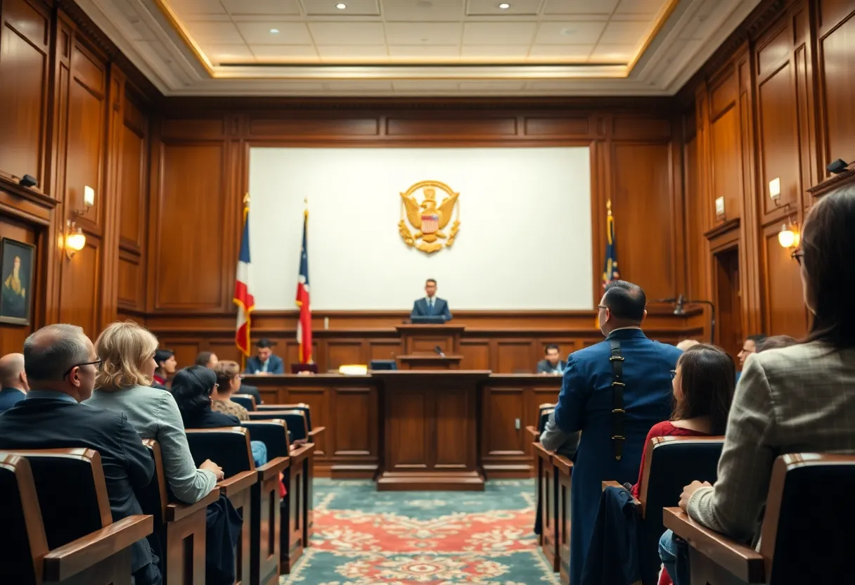 Courtroom scene symbolizing justice and support for trafficking victims