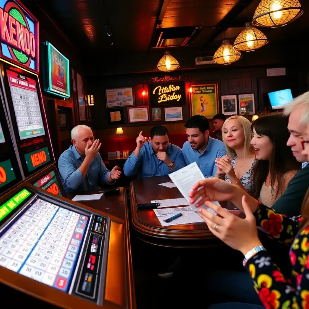 Players enjoying a Keno game at a pub, celebrating winning moments.
