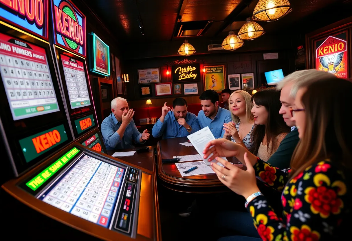 Players enjoying a Keno game at a pub, celebrating winning moments.