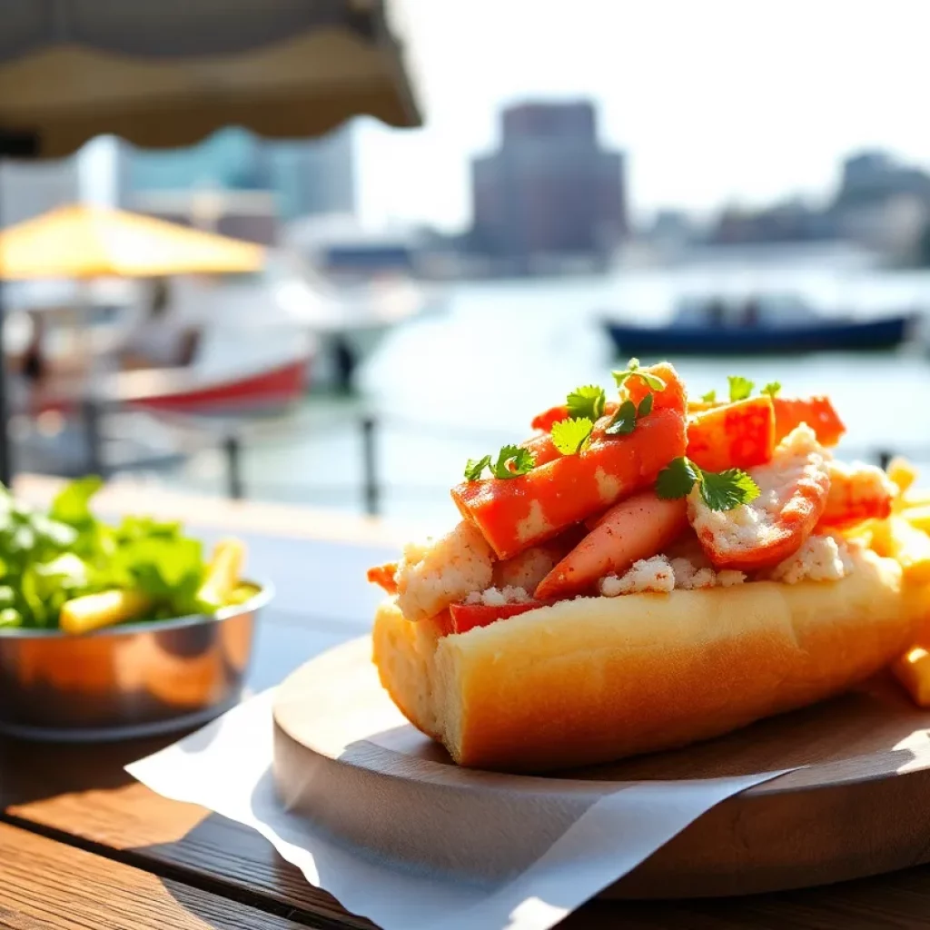 Lobster roll with fries on a wooden platter with Boston waterfront view