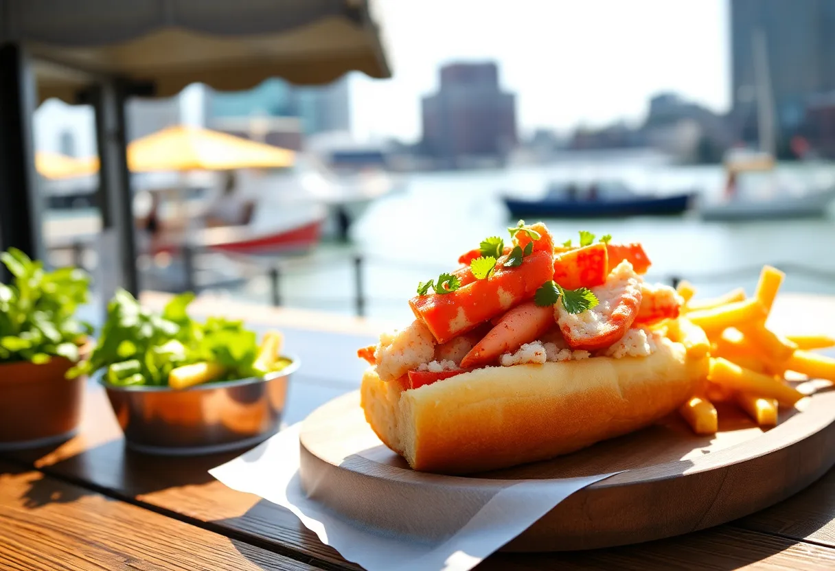 Lobster roll with fries on a wooden platter with Boston waterfront view
